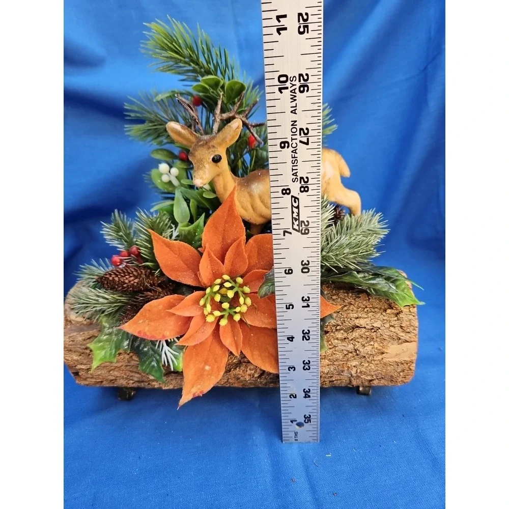 Christmas Reindeer Yule Tide Log Centerpiece Flocked Plastic Poinsettia 10